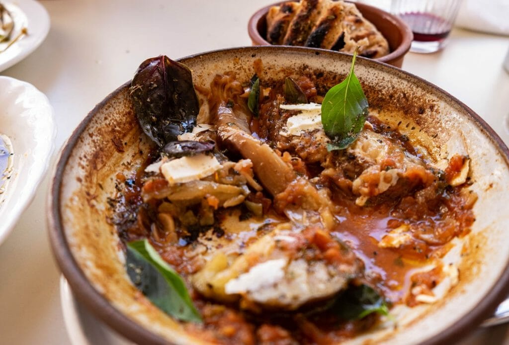 Messy but yummy aubergine dish at Ouzeri, Greek restaurant in Cape Town