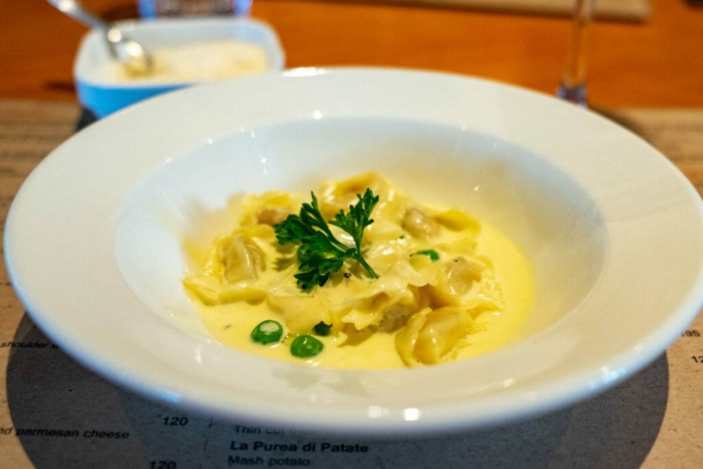 Plate with tortellini at Carne restaurant