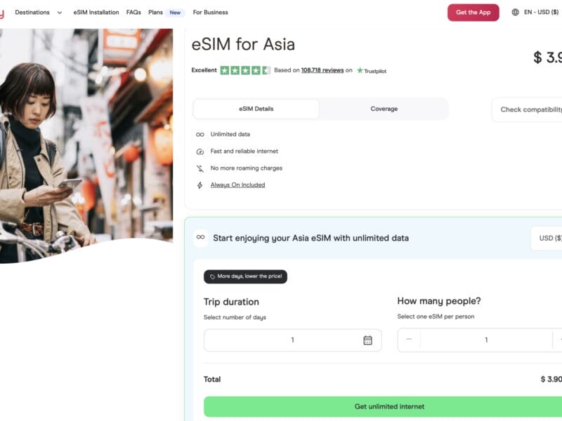 Screenshot of Holafly eSIM website